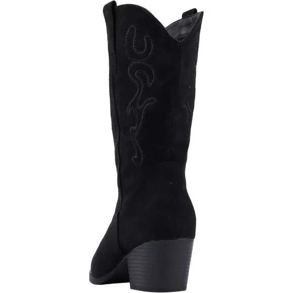 Women Black Suede Mid Calf Chunky Block Heel Western Embroidered Cowgirl Boot - Picture 4 of 7